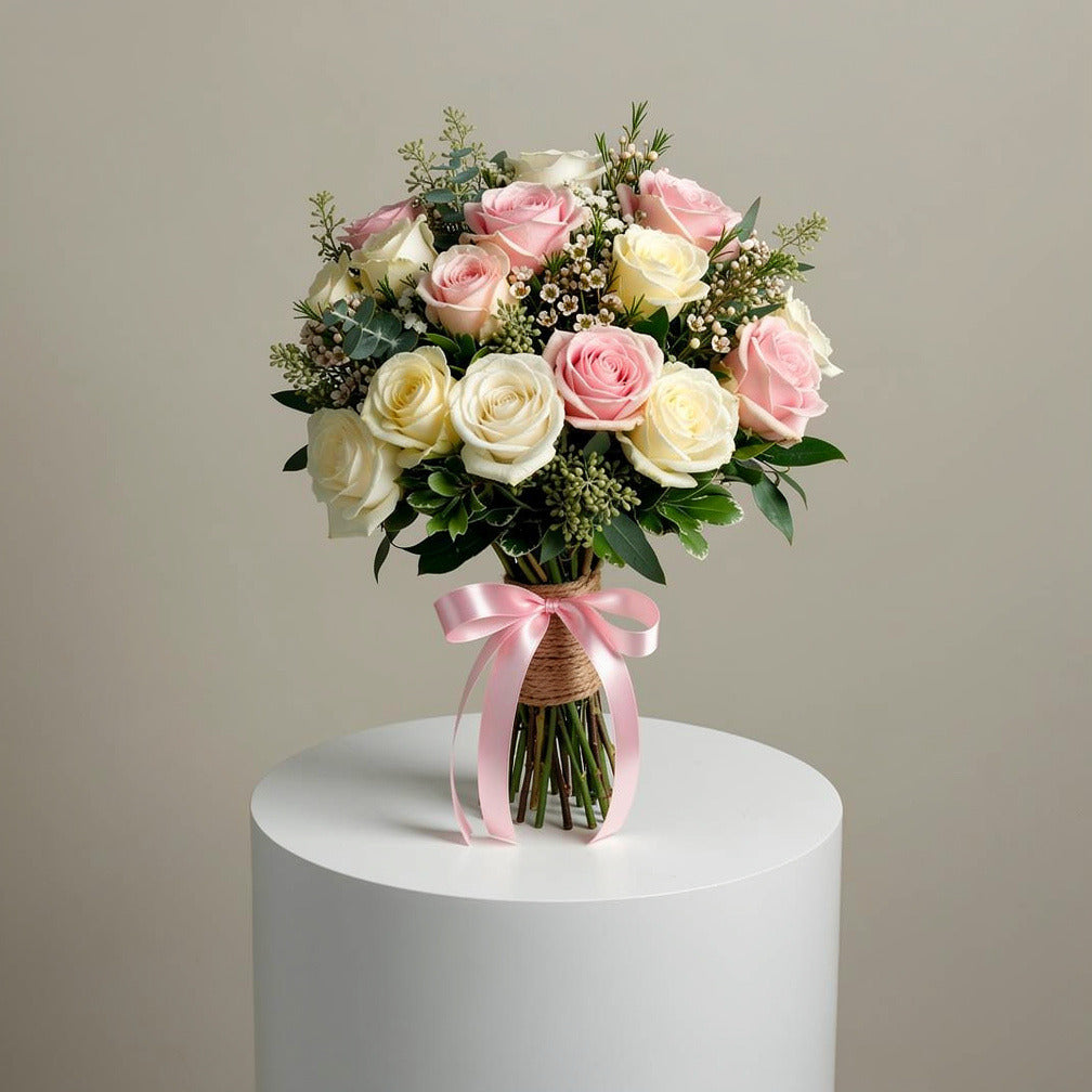 Delicate Bridal Bouquet of White & Pink Roses