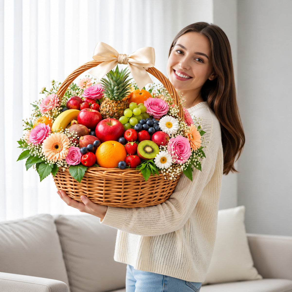 Deluxe Fruit Basket with Premium Selection held by a model, view 1