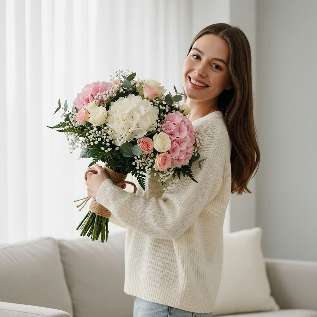 Dreamy Bridal Bouquet of Pink & White Hydrangeas & Baby Roses held by a model, view 1