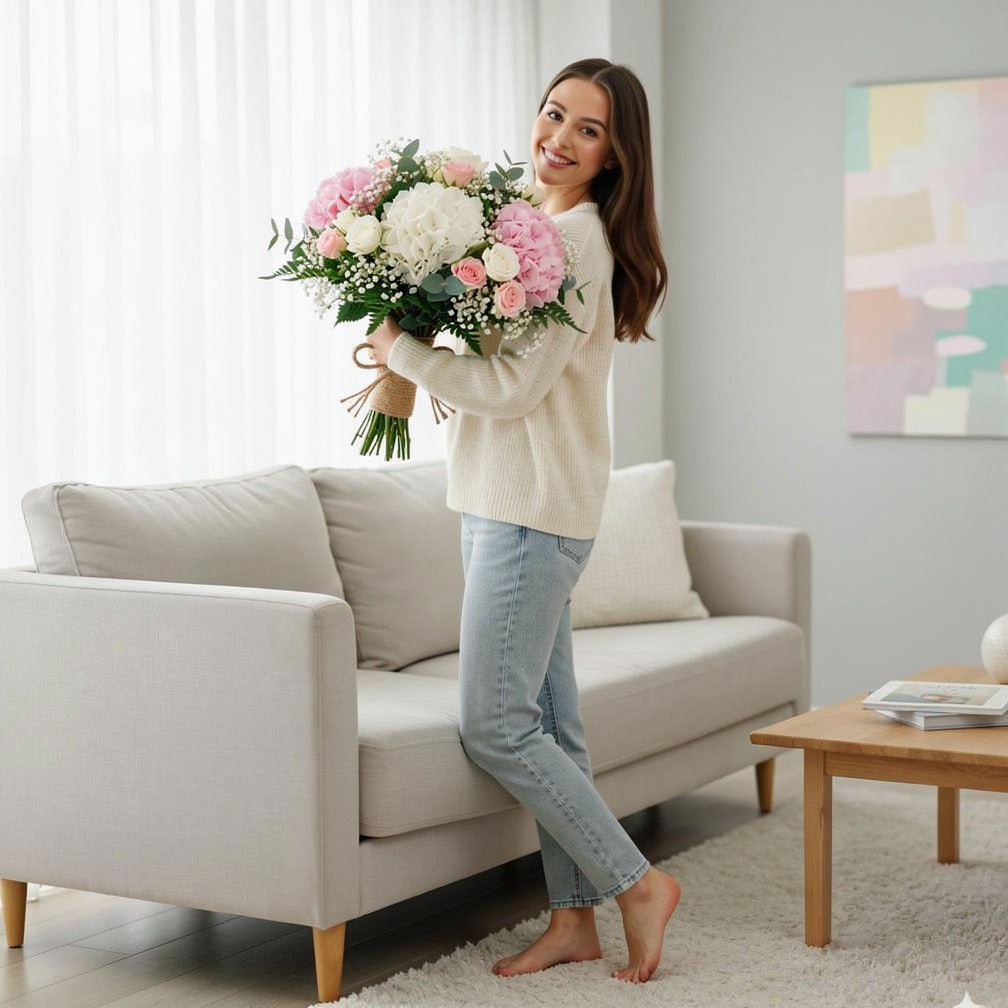 Dreamy Bridal Bouquet of Pink & White Hydrangeas & Baby Roses held by a model, view 2