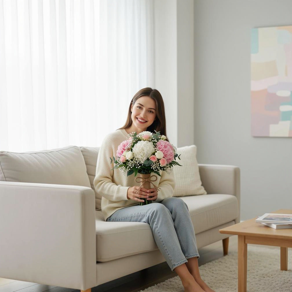 Dreamy Bridal Bouquet of Pink & White Hydrangeas & Baby Roses held by a model, view 3