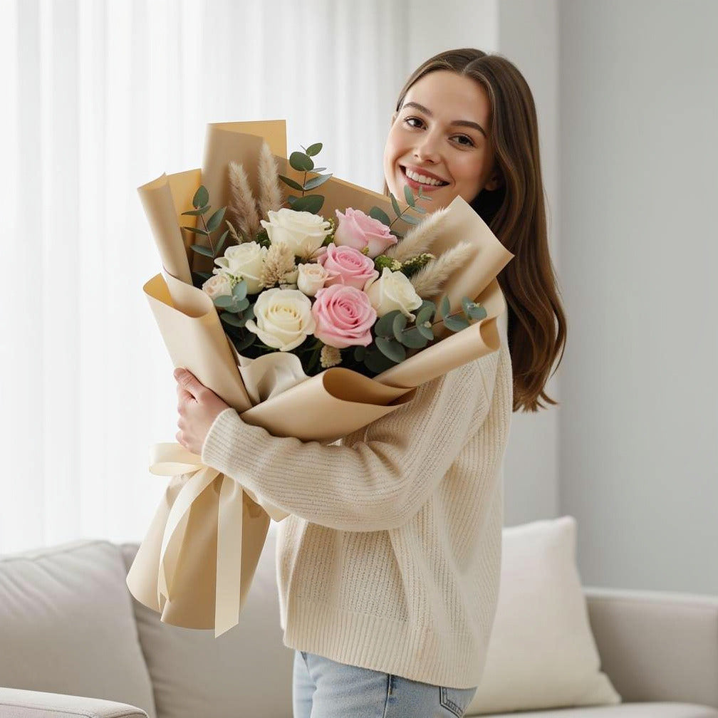 Dreamy Combo of Chocolate Cake & Rose Bouquet with Balloons held by a model, view 1