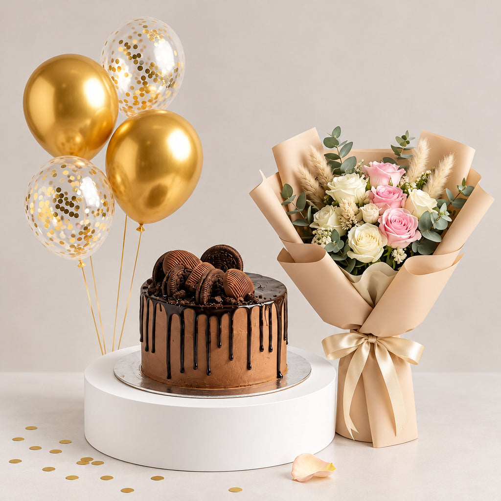 Dreamy Combo of Chocolate Cake & Rose Bouquet with Balloons