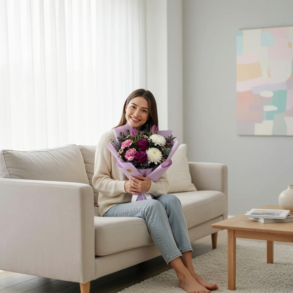 Eid Delight Bouquet of Purple Roses, Tulips & Carnations held by a model, view 3