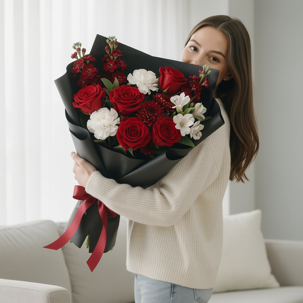 Eid Elegance Bouquet of Red Roses, Carnations & Alstroemeria held by a model, view 1