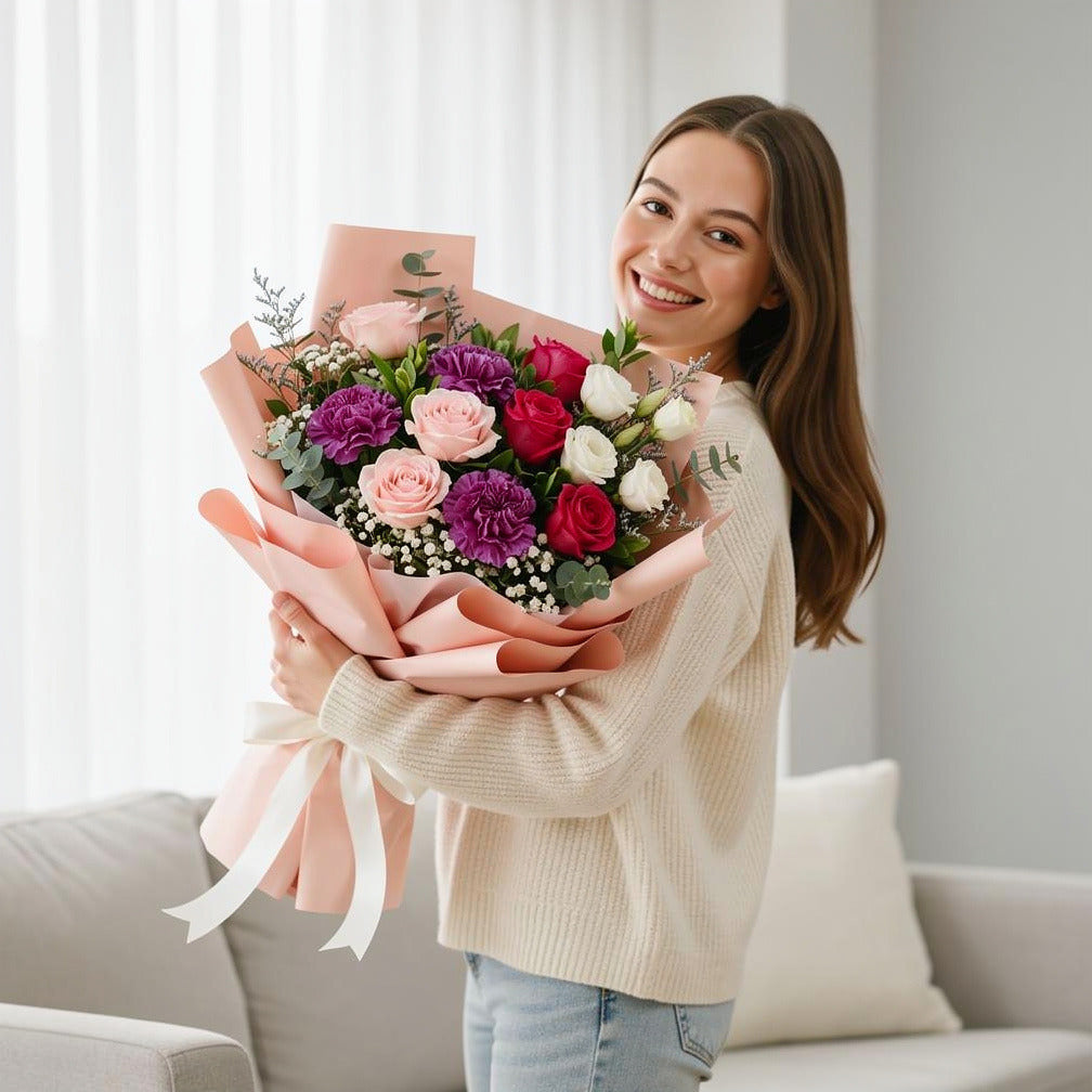 Eid Grace Bouquet of White, Pink Roses & Purple Carnations held by a model, view 1