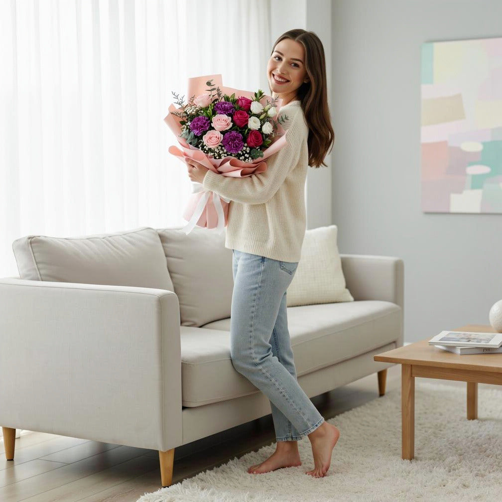 Eid Grace Bouquet of White, Pink Roses & Purple Carnations held by a model, view 2