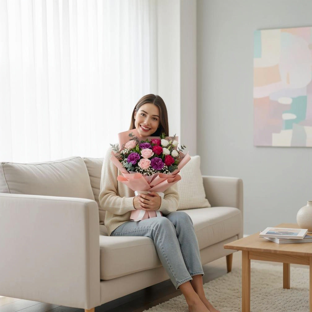 Eid Grace Bouquet of White, Pink Roses & Purple Carnations held by a model, view 3