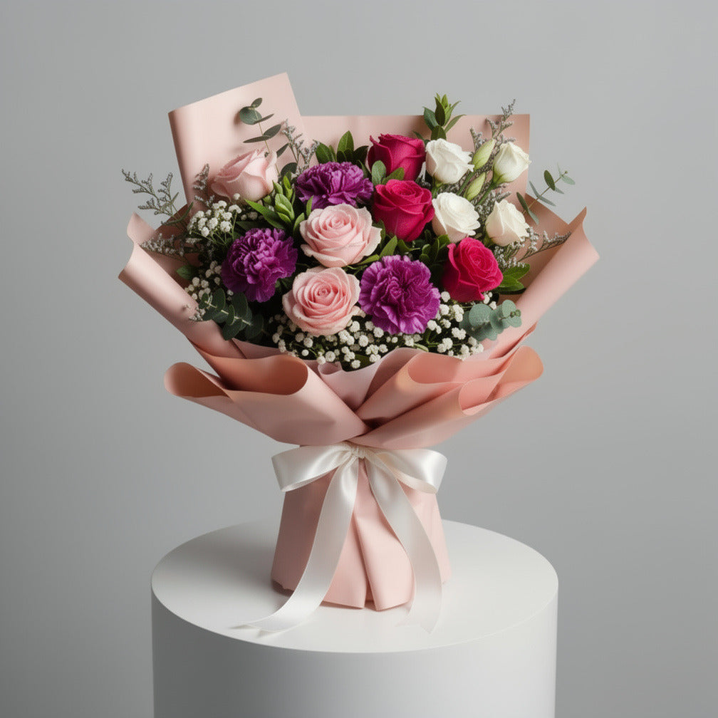 Eid Grace Bouquet of White, Pink Roses & Purple Carnations