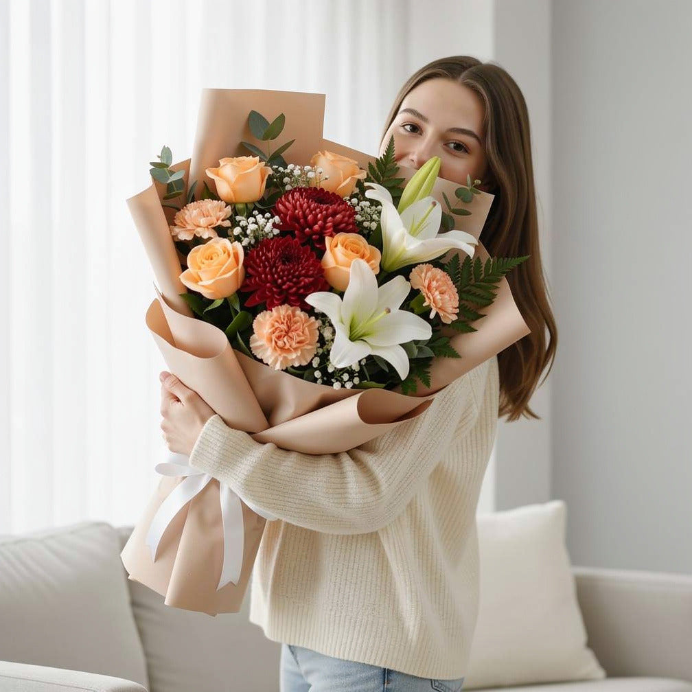 Eid Harmony Bouquet of Peach Roses, Carnations & Lilies held by a model, view 1