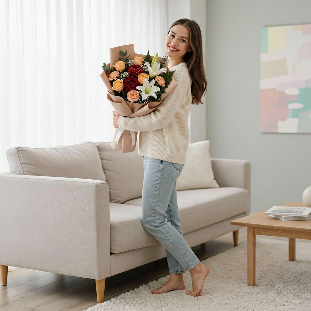 Eid Harmony Bouquet of Peach Roses, Carnations & Lilies held by a model, view 2