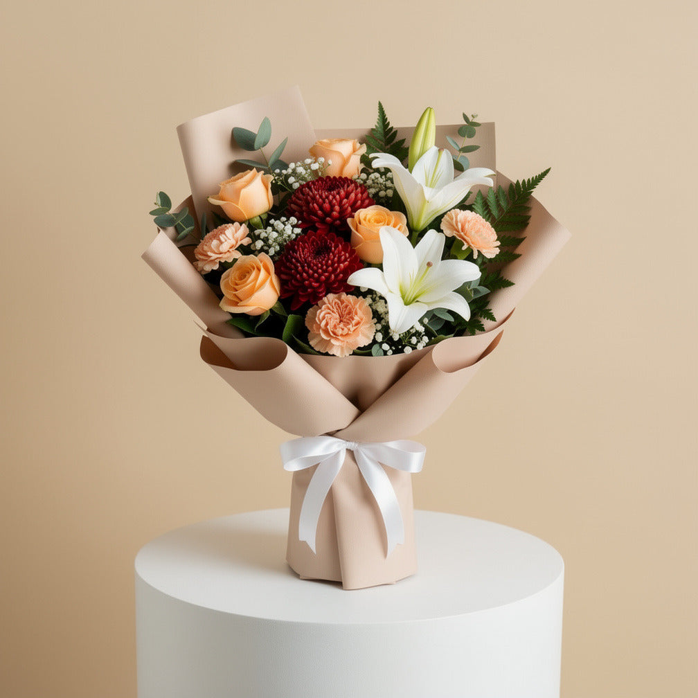 Eid Harmony Bouquet of Peach Roses, Carnations & Lilies