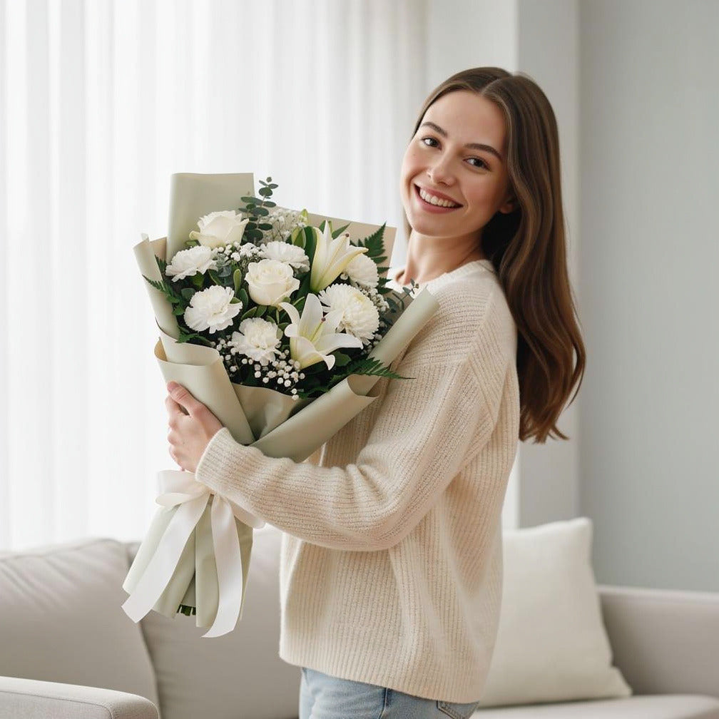 Eid Pure White Bouquet of Roses, Carnations & Lilies held by a model, view 1