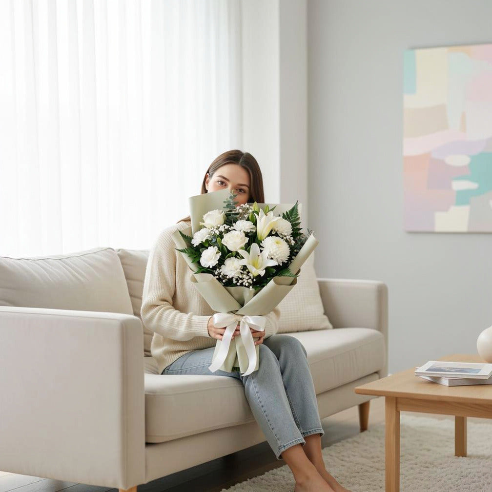 Eid Pure White Bouquet of Roses, Carnations & Lilies held by a model, view 3