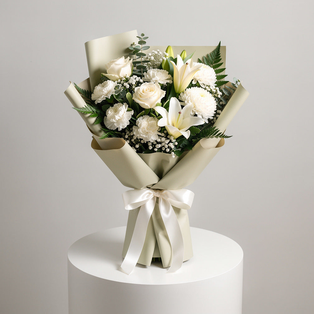 Eid Pure White Bouquet of Roses, Carnations & Lilies