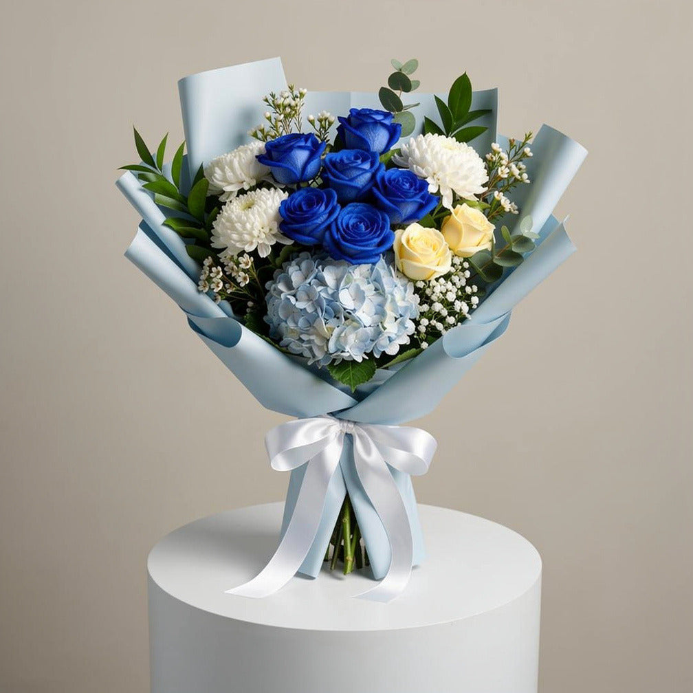 Eid Royal Bouquet of Blue, Yellow Roses & Hydrangea