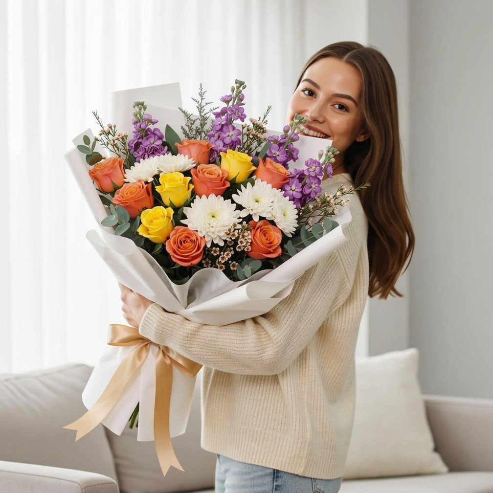 Eid Special Bliss Bouquet of Roses, Chrysanthemum & Matthiola held by a model, view 1