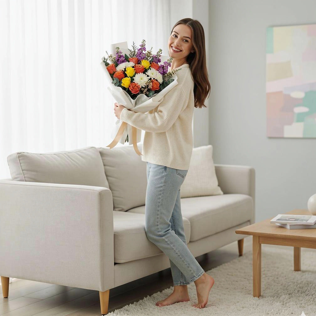 Eid Special Bliss Bouquet of Roses, Chrysanthemum & Matthiola held by a model, view 2