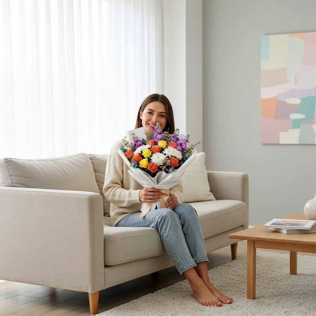 Eid Special Bliss Bouquet of Roses, Chrysanthemum & Matthiola held by a model, view 3