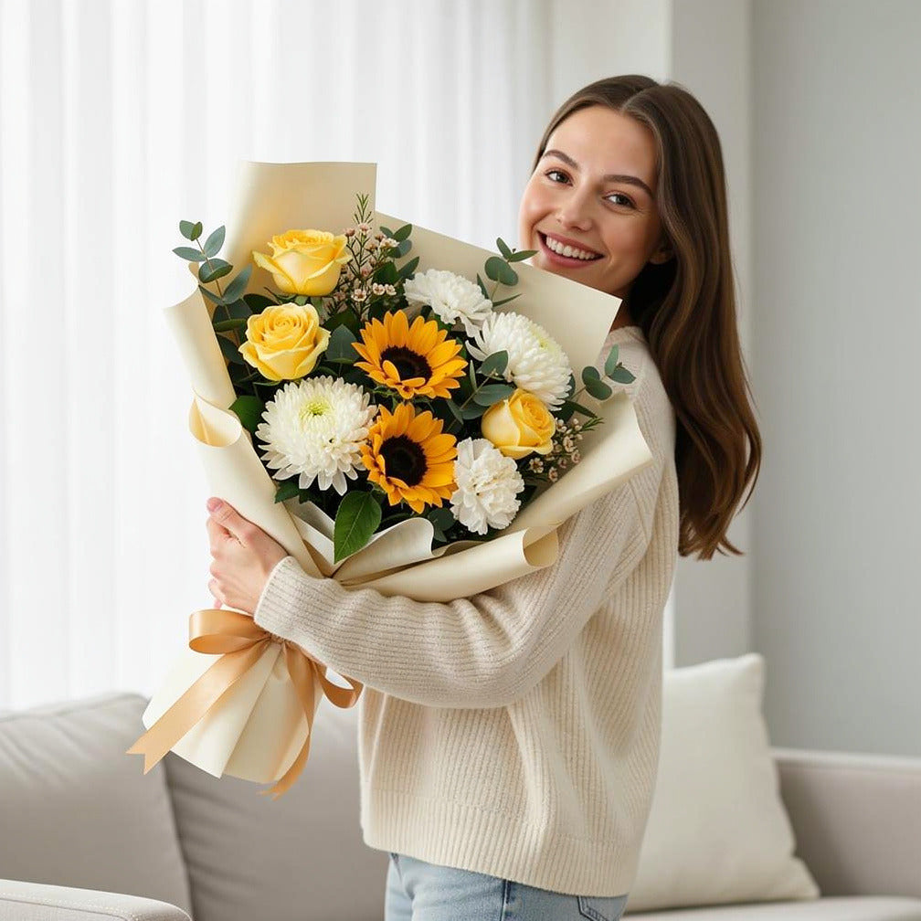 Eid Sunshine Bouquet of Yellow Roses, Chrysanthemum & Sunflowers held by a model, view 1