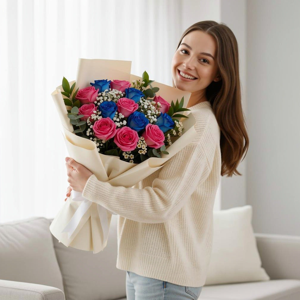 Elegant Blue & Pink Rose Bouquet held by a model, view 1