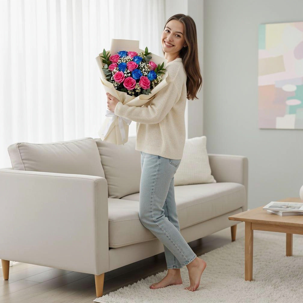Elegant Blue & Pink Rose Bouquet held by a model, view 2