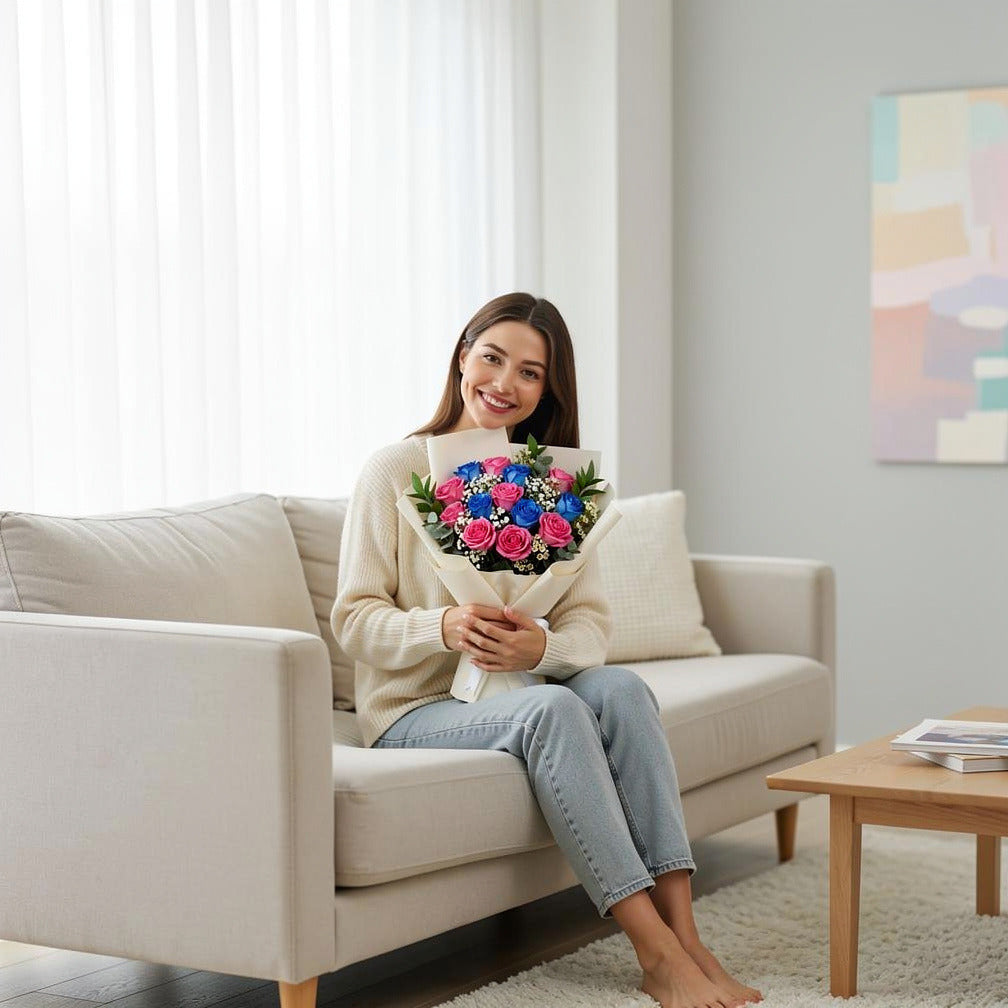 Elegant Blue & Pink Rose Bouquet held by a model, view 3