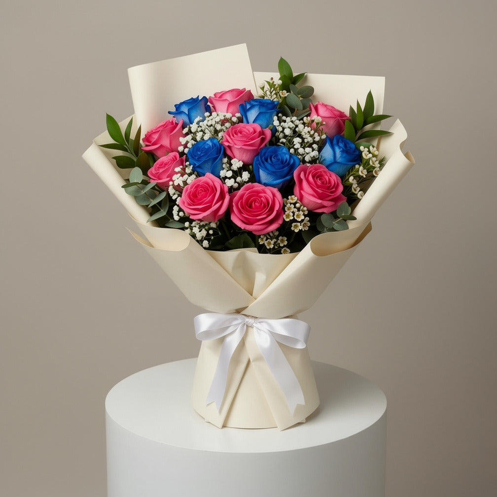 Elegant Blue & Pink Rose Bouquet