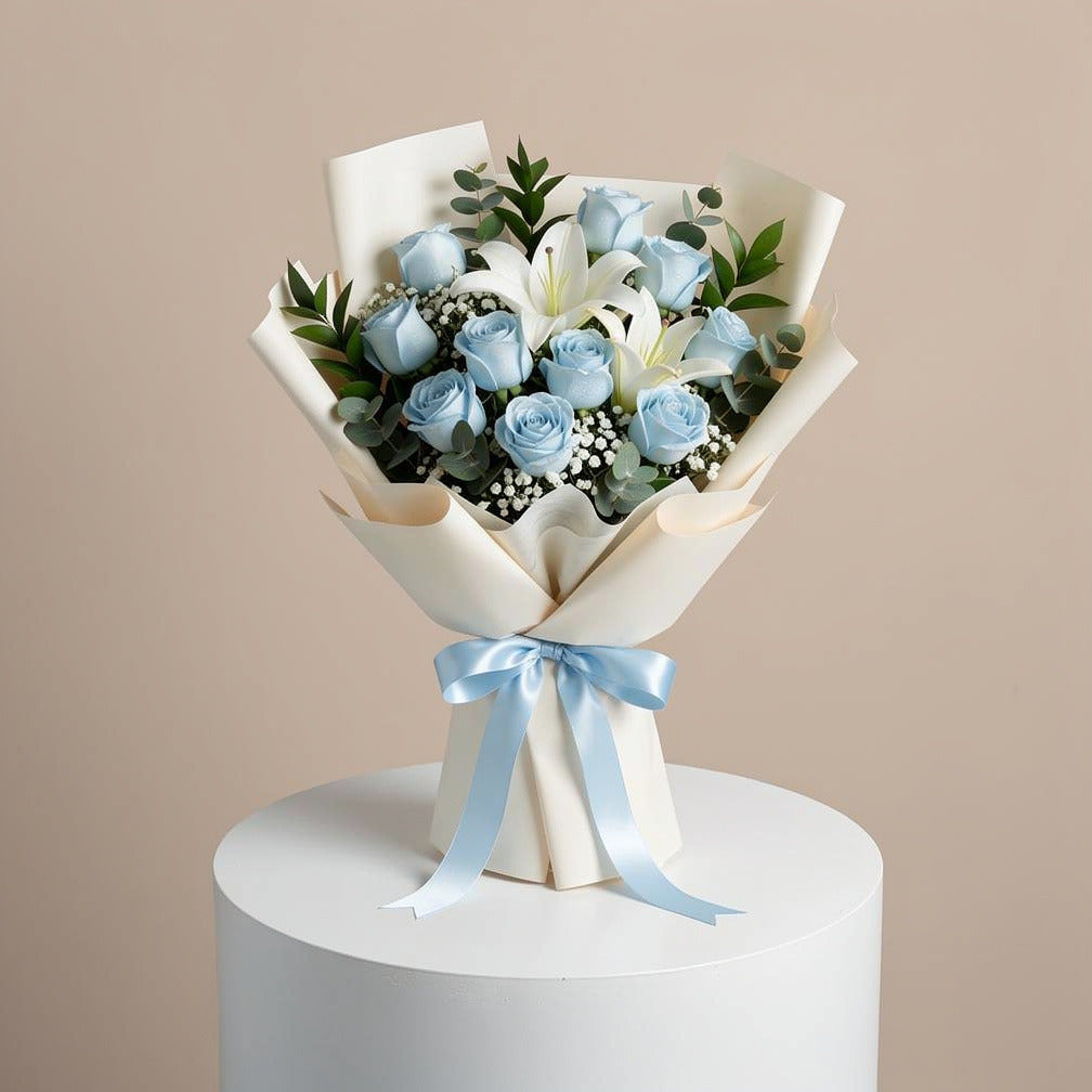 Elegant Bouquet of 10 Blue Roses & White Lilies for Father’s Day