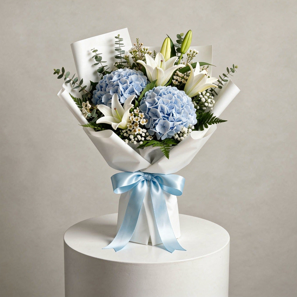 Elegant Bouquet of Blue Hydrangea & White Lilies for Father’s Day