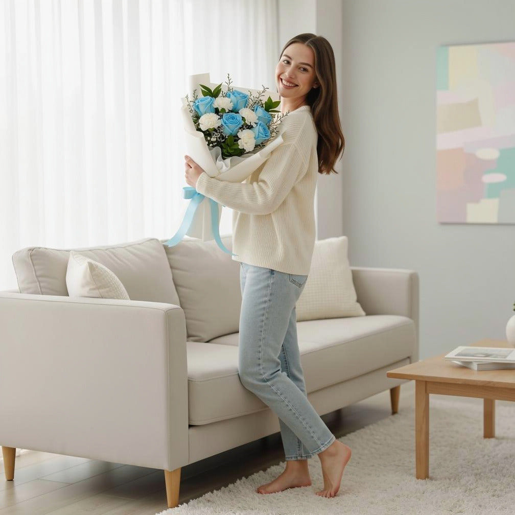 Elegant Bouquet of Blue Roses & White Carnations for Father’s Day held by a model, view 2