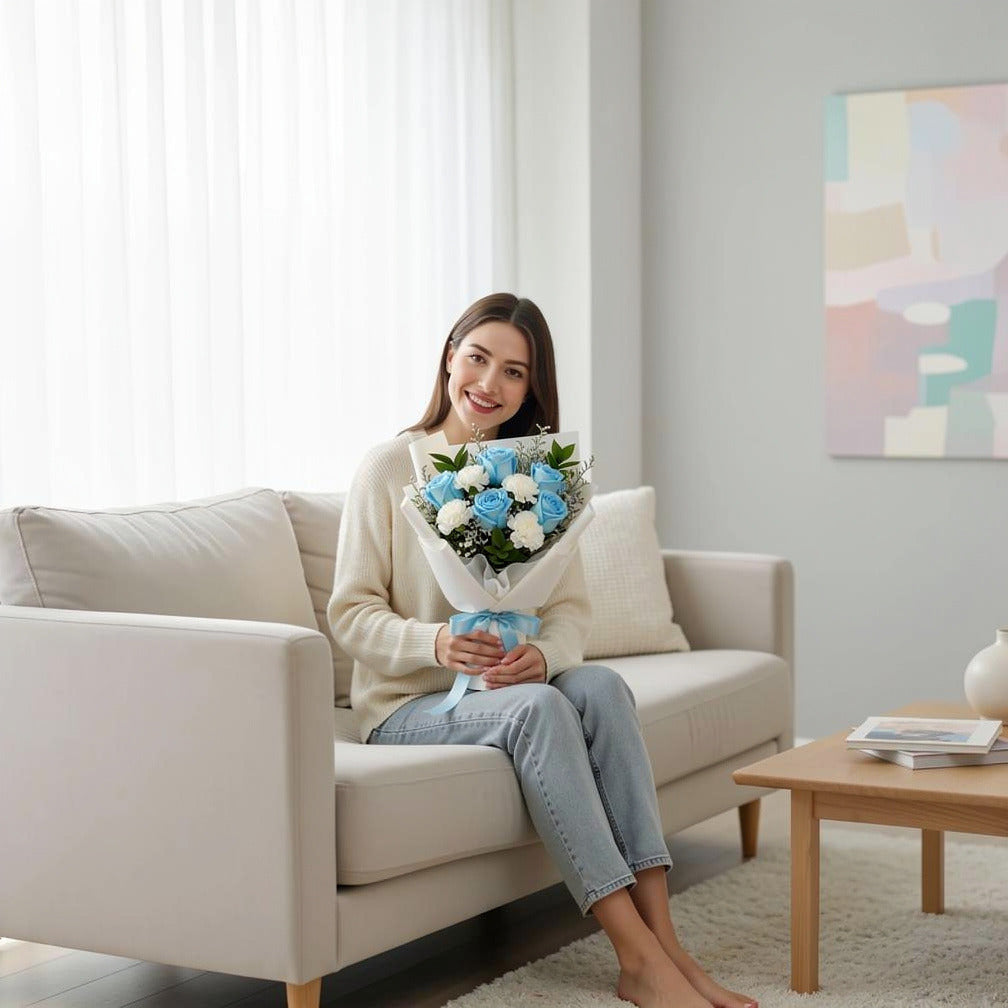 Elegant Bouquet of Blue Roses & White Carnations for Father’s Day held by a model, view 3