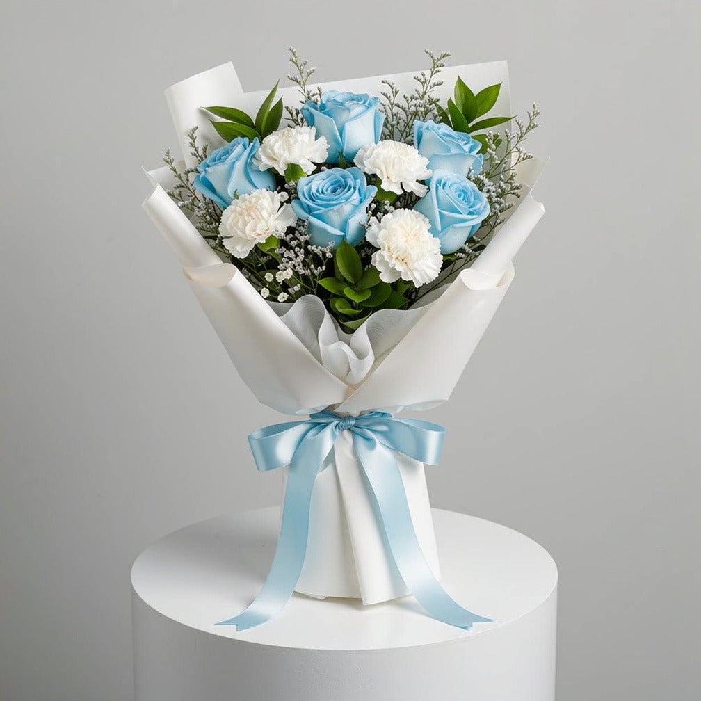 Elegant Bouquet of Blue Roses & White Carnations for Father’s Day