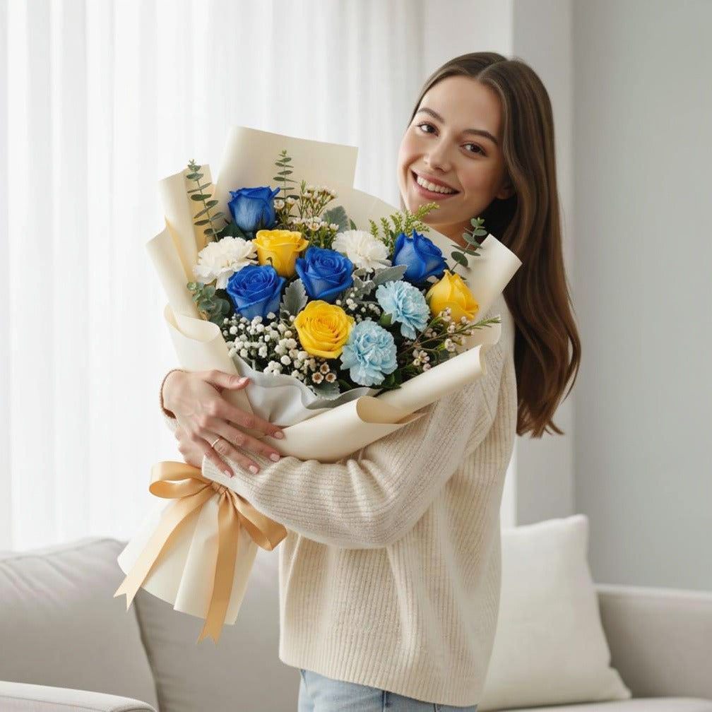Elegant Bouquet of Blue & Yellow Roses with Carnations for Father’s Day held by a model, view 1