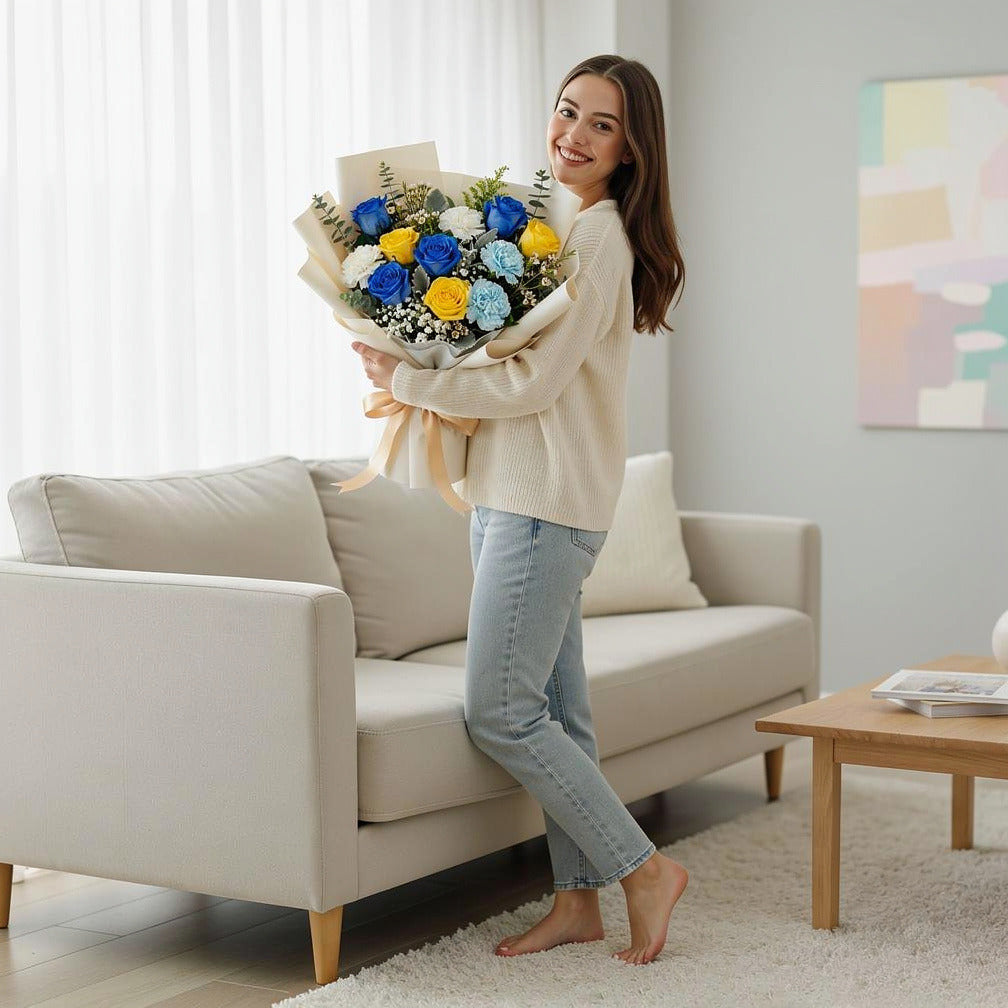 Elegant Bouquet of Blue & Yellow Roses with Carnations for Father’s Day held by a model, view 2