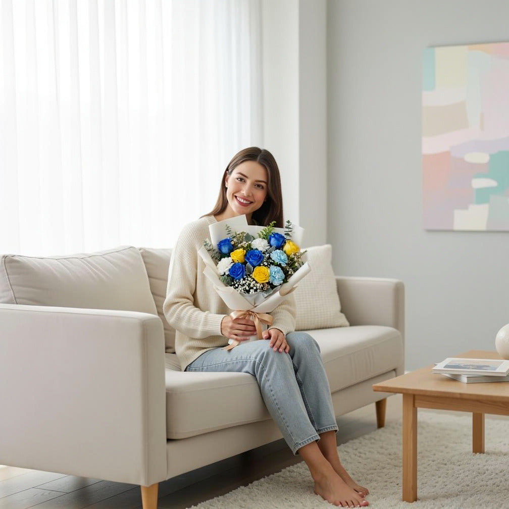Elegant Bouquet of Blue & Yellow Roses with Carnations for Father’s Day held by a model, view 3