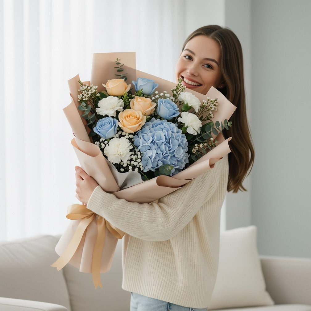 Elegant Bouquet of Peach & Blue Roses with Hydrangea for Father’s Day held by a model, view 1