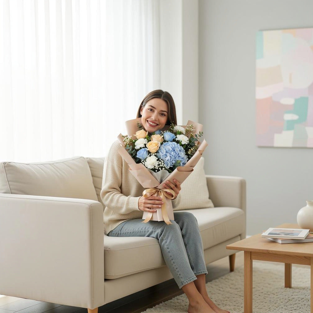 Elegant Bouquet of Peach & Blue Roses with Hydrangea for Father’s Day held by a model, view 3