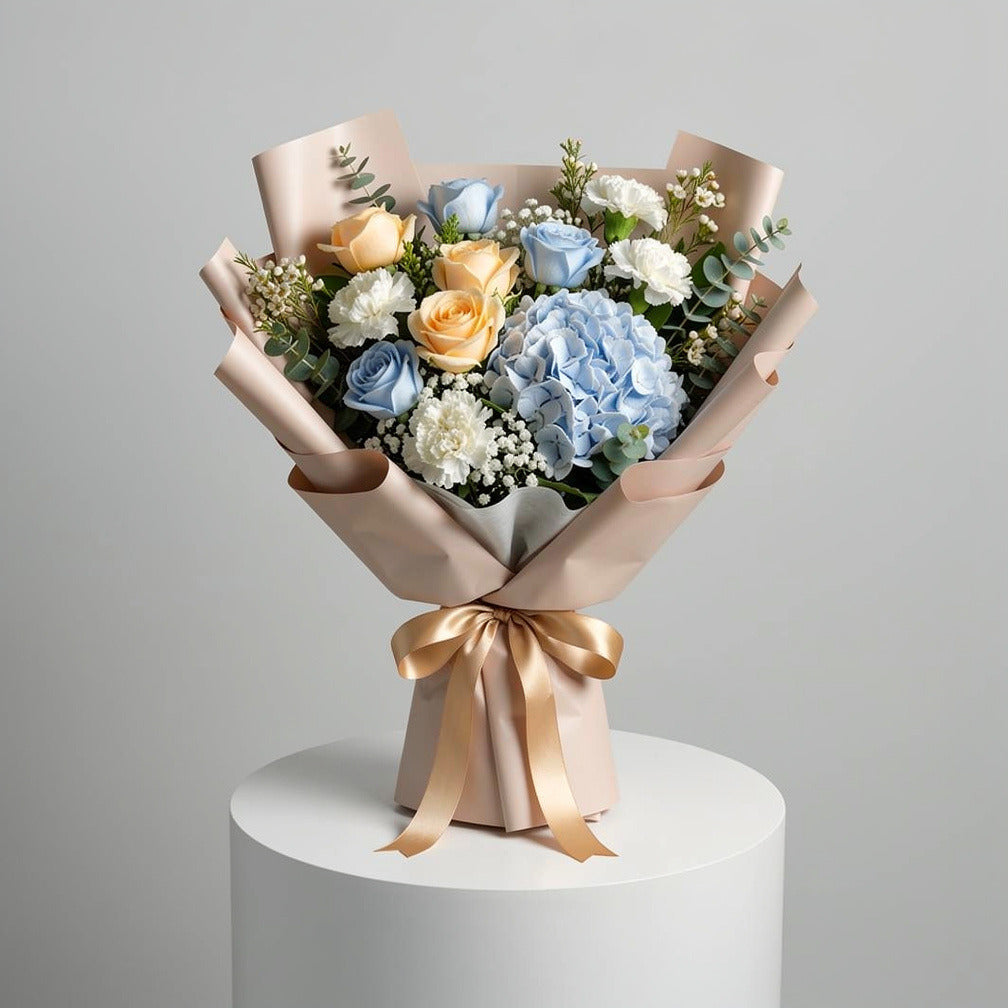 Elegant Bouquet of Peach & Blue Roses with Hydrangea for Father’s Day