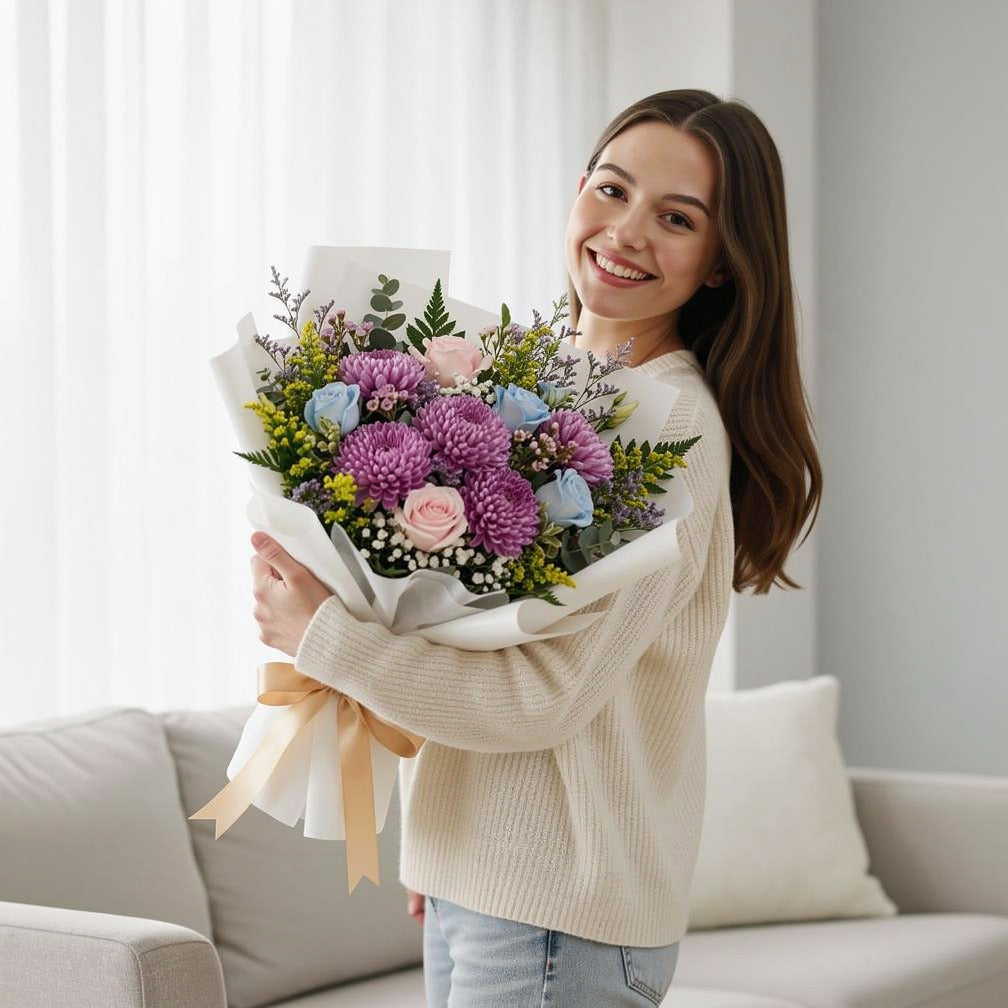 Elegant Bouquet of Pink & Blue Roses with Chrysanthemums for Father’s Day held by a model, view 1
