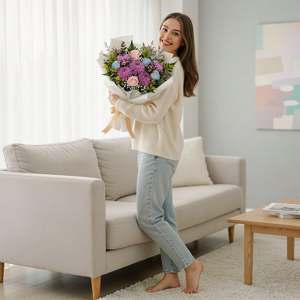 Elegant Bouquet of Pink & Blue Roses with Chrysanthemums for Father’s Day held by a model, view 2