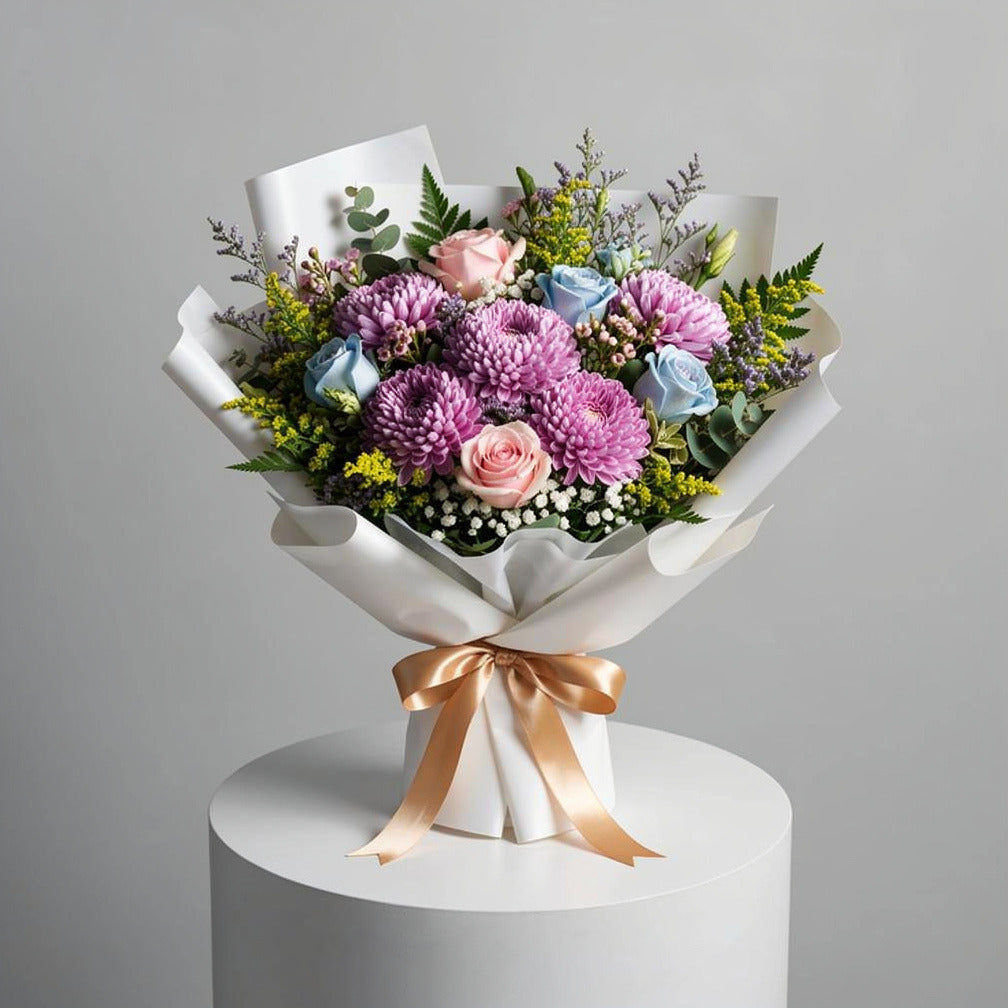 Elegant Bouquet of Pink & Blue Roses with Chrysanthemums for Father’s Day