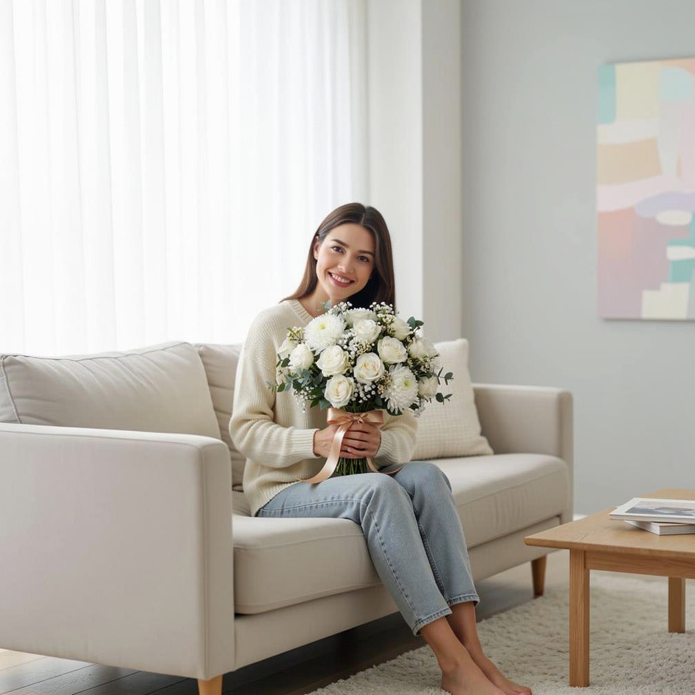 Elegant Bridal Bouquet of White Roses & Chrysanthemums held by a model, view 3