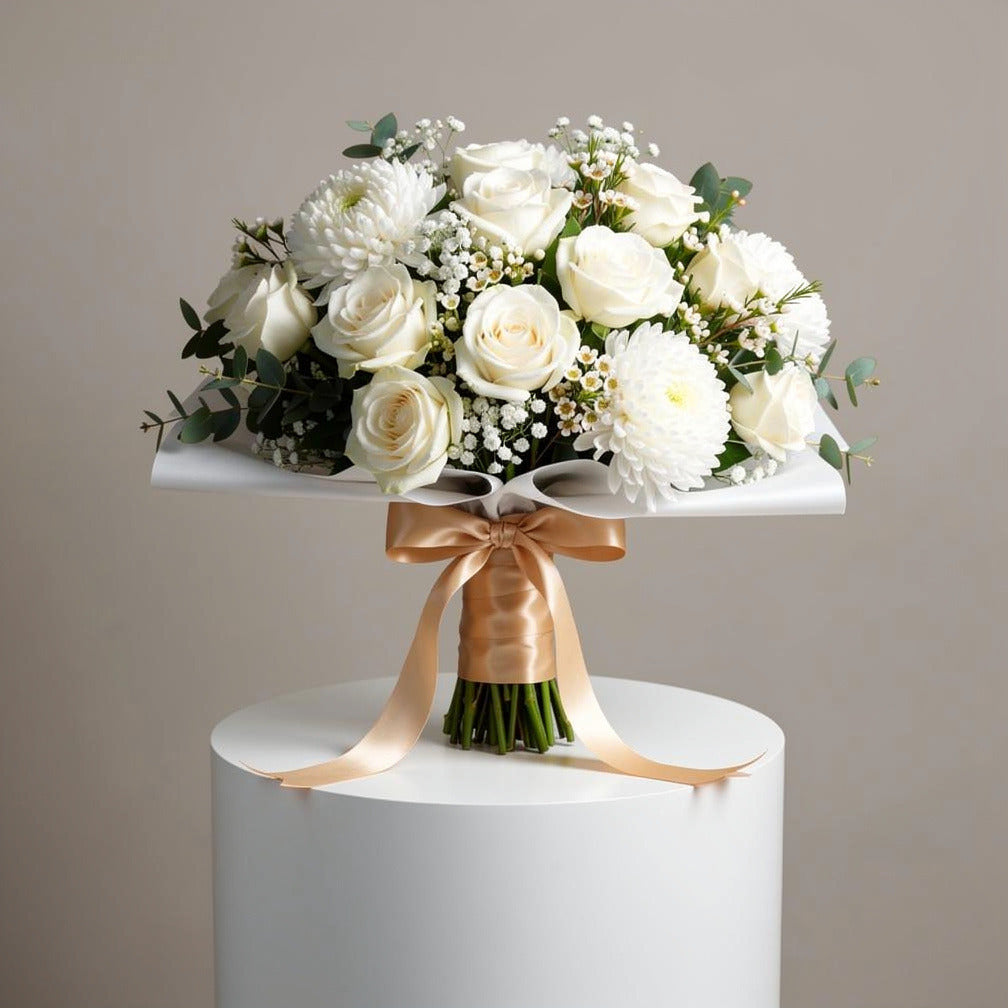 Elegant Bridal Bouquet of White Roses & Chrysanthemums