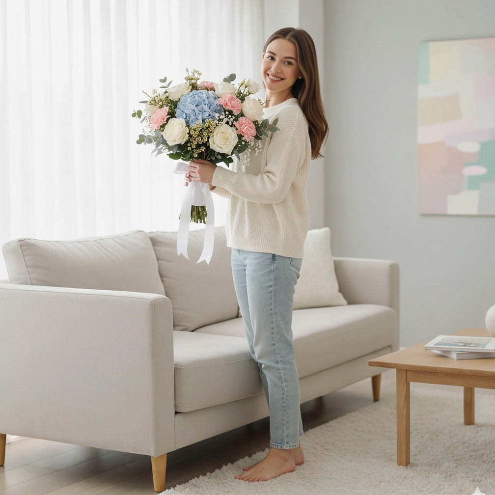 Elegant Bridal Bouquet of White Roses, Pink Carnations & Blue Hydrangea held by a model, view 2