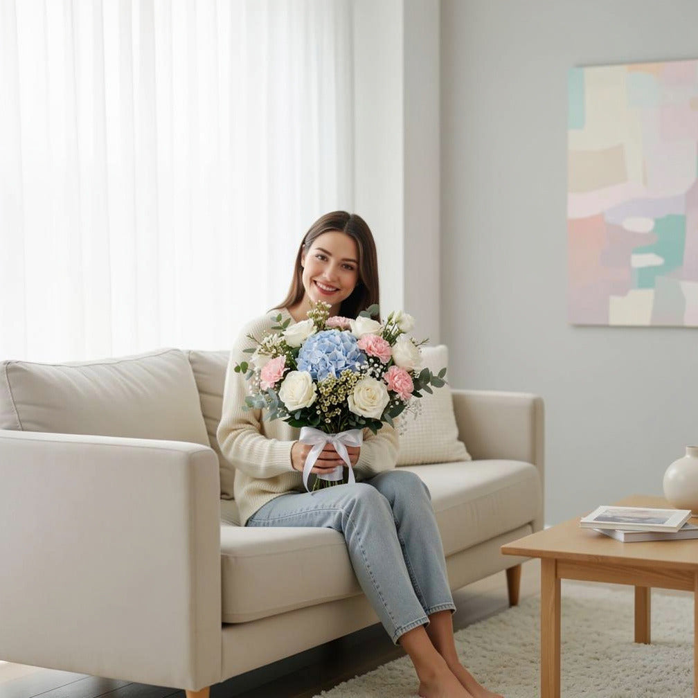Elegant Bridal Bouquet of White Roses, Pink Carnations & Blue Hydrangea held by a model, view 3