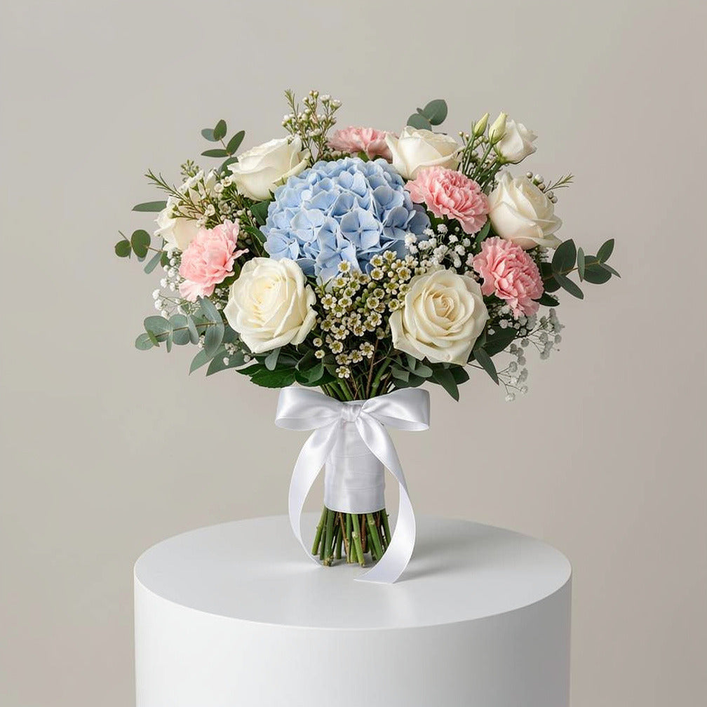 Elegant Bridal Bouquet of White Roses, Pink Carnations & Blue Hydrangea