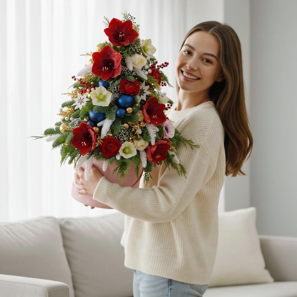Elegant Christmas Tree Flower Box held by a model, view 1