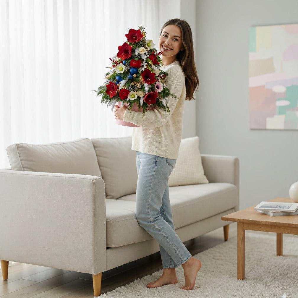 Elegant Christmas Tree Flower Box held by a model, view 2