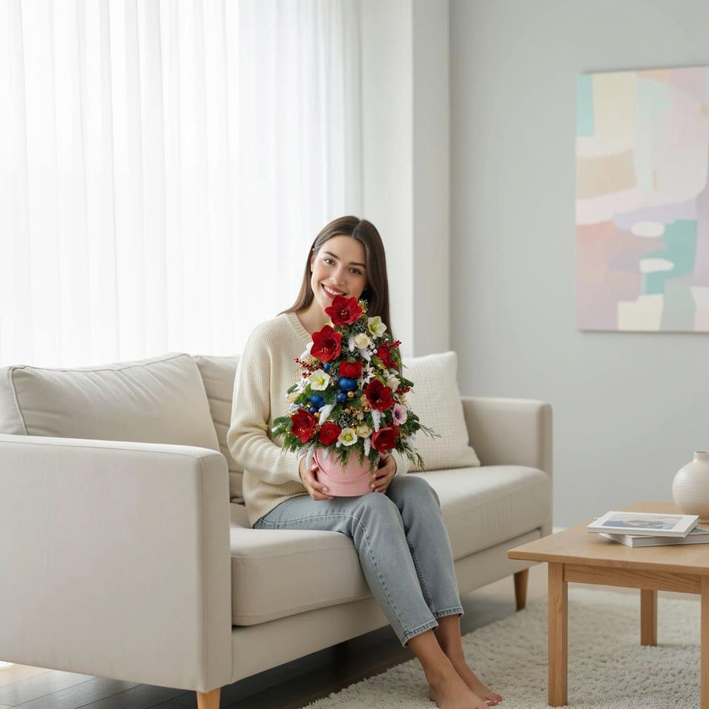 Elegant Christmas Tree Flower Box held by a model, view 3